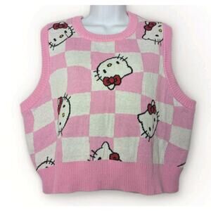 Hello Kitty Sanrio Sweater Vest Womens Checkered Knit Pink White Crop Size XXL